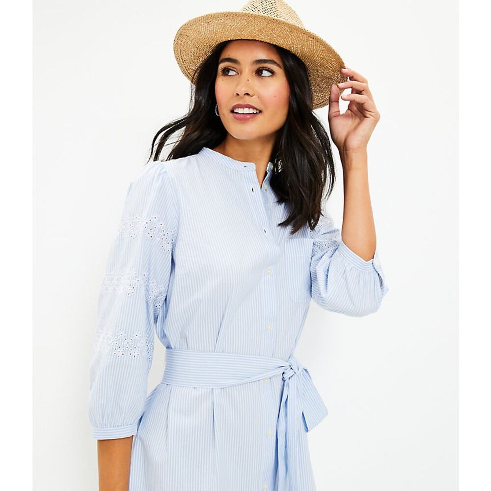 LOFT Blue Stripe Embroidered Eyelet Cotton Mini Shirtdress Size Large - Picture 2 of 15